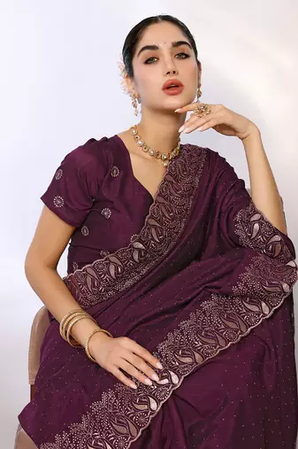 Purple Embroidered Poly Silk Designer Saree With Blouse