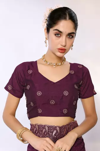 Purple Embroidered Poly Silk Designer Saree With Blouse