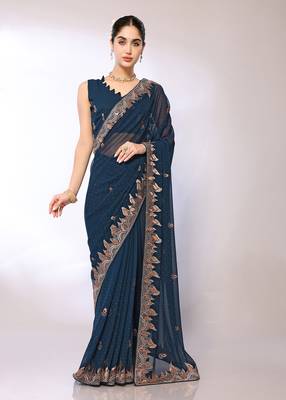 Teal Embroidered Georgette Designer Saree With Blouse 1