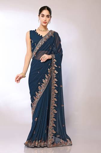 Teal Embroidered Georgette Designer Saree With Blouse