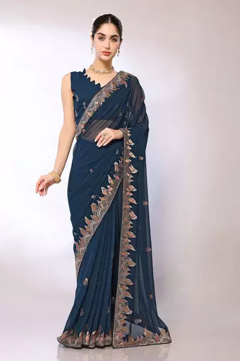 Teal Embroidered Georgette Designer Saree With Blouse