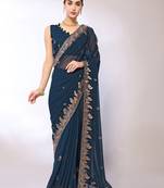 Teal Embroidered Georgette Designer Saree With Blouse