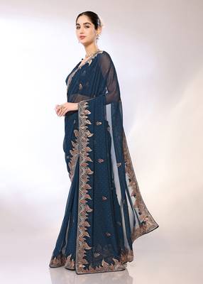 Teal Embroidered Georgette Designer Saree With Blouse 2