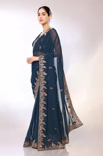 Teal Embroidered Georgette Designer Saree With Blouse