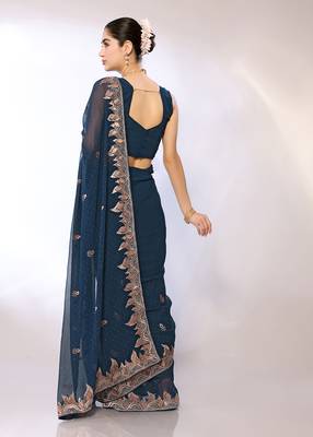 Teal Embroidered Georgette Designer Saree With Blouse 3