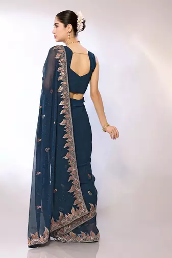 Teal Embroidered Georgette Designer Saree With Blouse