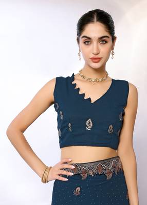 Teal Embroidered Georgette Designer Saree With Blouse 4