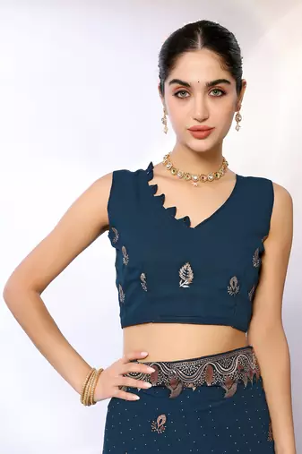 Teal Embroidered Georgette Designer Saree With Blouse