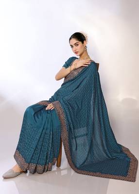 Teal Embroidered Poly Silk Designer Saree With Blouse 1