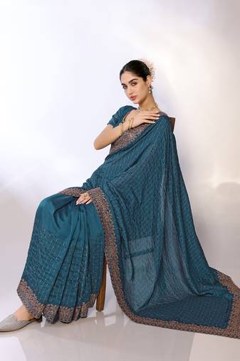 Teal Embroidered Poly Silk Designer Saree With Blouse