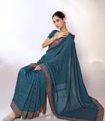 Teal Embroidered Poly Silk Designer Saree With Blouse