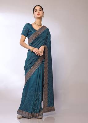 Teal Embroidered Poly Silk Designer Saree With Blouse 2