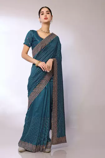 Teal Embroidered Poly Silk Designer Saree With Blouse