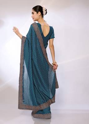 Teal Embroidered Poly Silk Designer Saree With Blouse 3