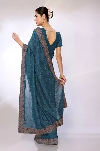 Teal Embroidered Poly Silk Designer Saree With Blouse