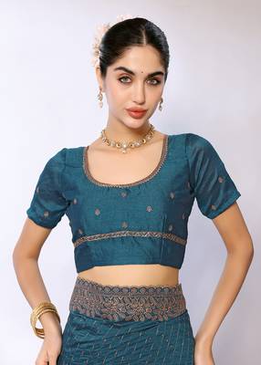 Teal Embroidered Poly Silk Designer Saree With Blouse 4