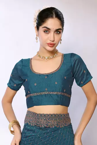 Teal Embroidered Poly Silk Designer Saree With Blouse