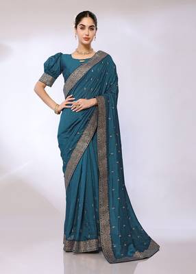 Teal Embroidered Poly Silk Designer Saree With Blouse 1
