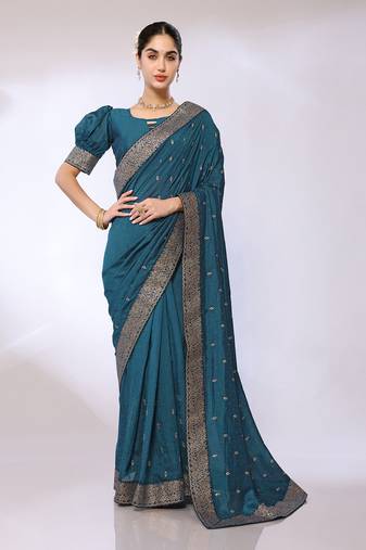 Teal Embroidered Poly Silk Designer Saree With Blouse