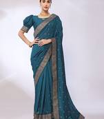 Teal Embroidered Poly Silk Designer Saree With Blouse