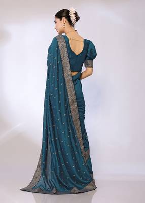 Teal Embroidered Poly Silk Designer Saree With Blouse 2