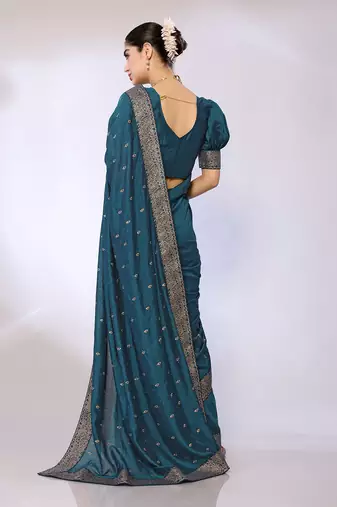Teal Embroidered Poly Silk Designer Saree With Blouse