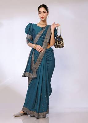 Teal Embroidered Poly Silk Designer Saree With Blouse 3