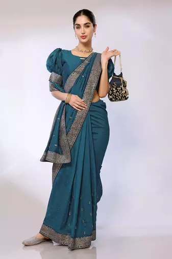 Teal Embroidered Poly Silk Designer Saree With Blouse