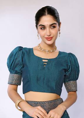 Teal Embroidered Poly Silk Designer Saree With Blouse 4