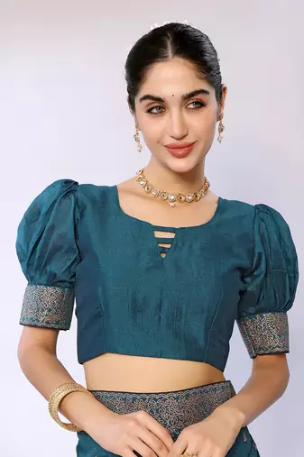 Teal Embroidered Poly Silk Designer Saree With Blouse