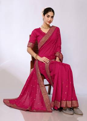 Pink Embroidered Poly Silk Designer Saree With Blouse 1