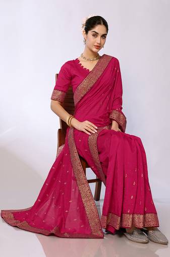 Pink Embroidered Poly Silk Designer Saree With Blouse