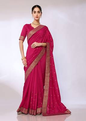 Pink Embroidered Poly Silk Designer Saree With Blouse 2