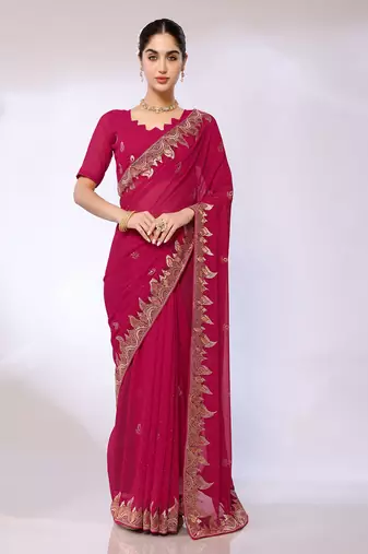 Pink Embroidered Georgette Designer Saree With Blouse