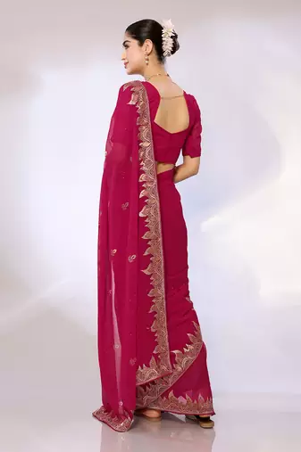 Pink Embroidered Georgette Designer Saree With Blouse