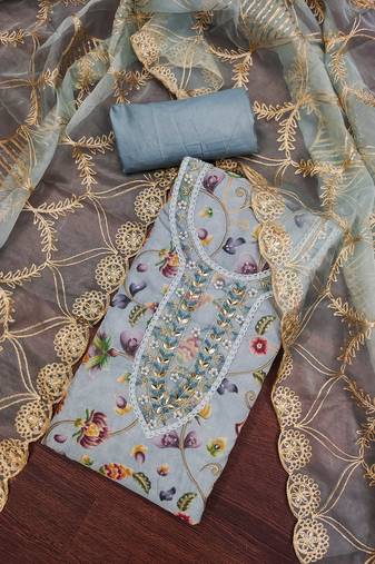 Grey color embroidered viscos organja unstitched dress material