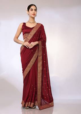 Maroon Embroidered Poly Silk Designer Saree With Blouse 1