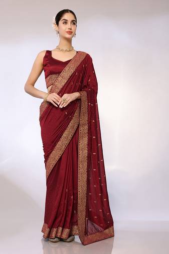 Maroon Embroidered Poly Silk Designer Saree With Blouse