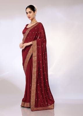 Maroon Embroidered Poly Silk Designer Saree With Blouse 2