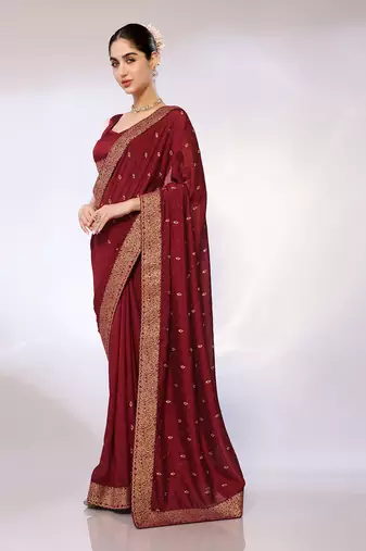 Maroon Embroidered Poly Silk Designer Saree With Blouse
