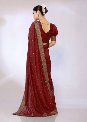 Maroon Embroidered Poly Silk Designer Saree With Blouse 3