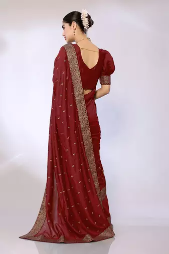 Maroon Embroidered Poly Silk Designer Saree With Blouse