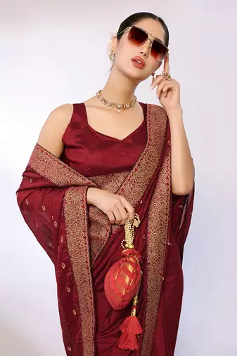 Maroon Embroidered Poly Silk Designer Saree With Blouse