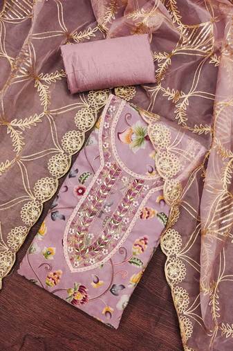 Pink color embroidered viscos organja unstitched dress material