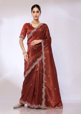 Copper Embroidered Tissue  Designer Saree With Blouse 1