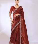 Copper Embroidered Tissue  Designer Saree With Blouse