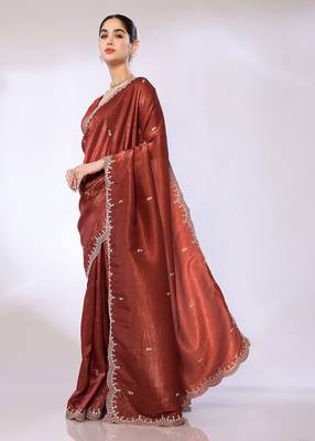 Copper Embroidered Tissue  Designer Saree With Blouse 2