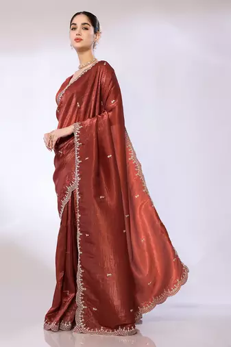 Copper Embroidered Tissue  Designer Saree With Blouse