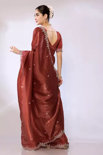 Copper Embroidered Tissue  Designer Saree With Blouse