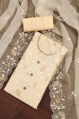 Off white color embroidered modal chanderi silk unstitched dress material